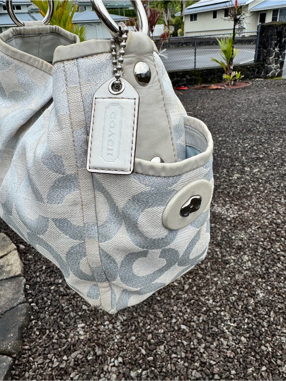 Coach 2008 Signature Lurex Metallic Canvas Shoulder Tote Bag White Silver 13508 - Picture 5 of 12